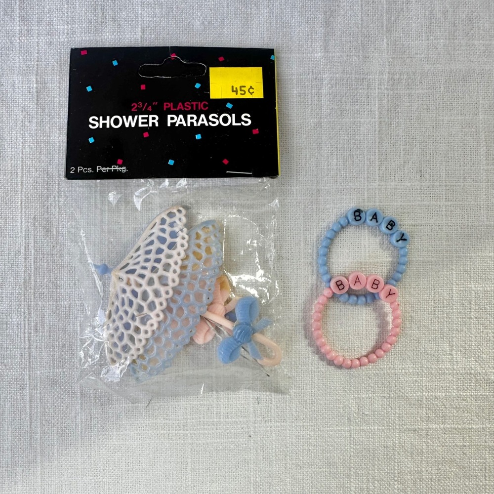 Vintage Baby Shower Parasols 2.75in Pink Blue Plastic Umbrellas NOS 2 Pcs PFV141